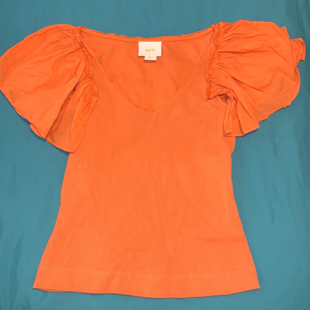 Orange Anthropologie Maeve Ribbed Top with Ruffle Sleeves Size Small